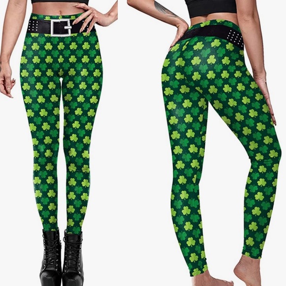 Leggings Pants - Fun St Patrick’s Day Green Shamrock Clover Leggings, Women’s Size XL